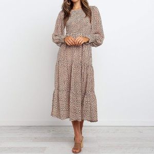 Round Neck Long Sleeve High Waist Midi Dress
